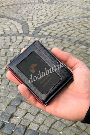 Hakiki Deri Siyah Kırmızı Telli Cüzdan