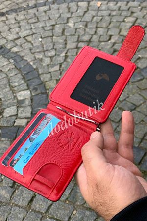 Hakiki Deri Siyah Kırmızı Telli Cüzdan