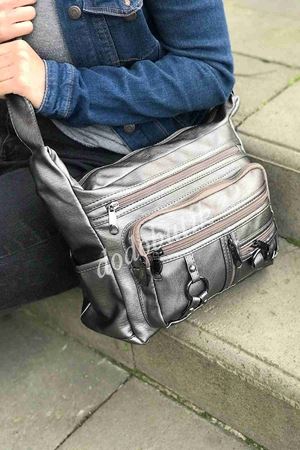 Gri Yıkama Deri Omuz Çantası M-101 