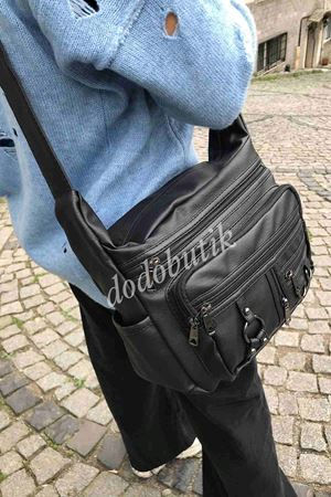 Siyah Yıkama Deri Omuz Çantası M-101