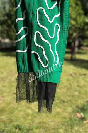 Desenli, Etek Ucu Tül Detaylı Uzun Hırka 