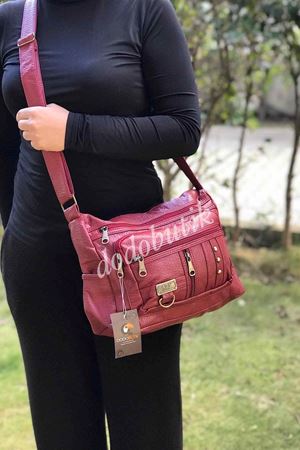 Yıkanmış Yumuşak Deri Çapraz Çanta Kırmızı