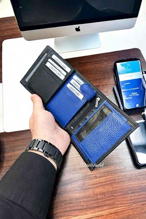 Siyah-Mavi Hakiki Deri Klasik Cüzdan DD02  