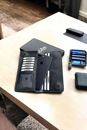 Hakiki Deri Telefon Gözlü Mıknatıslı Antrasit Cüzdan DD2727
