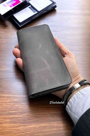 Hakiki Deri Telefon Gözlü Mıknatıslı Gri Cüzdan DD2727